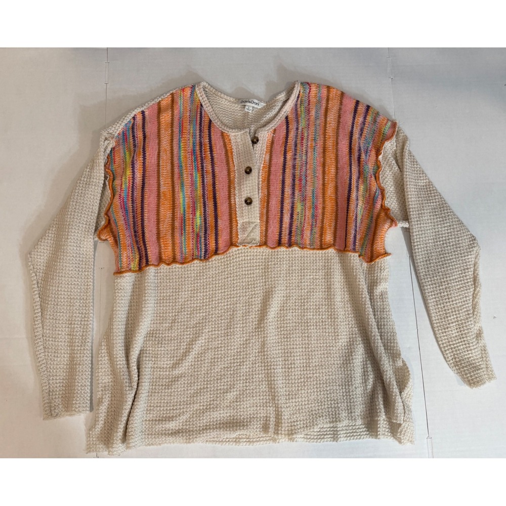 Boho Fairy Womens Mixed Media Waffle Knit Henley Top Striped Boho Cream Large